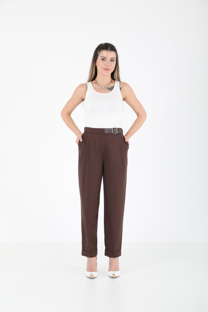 DERİ AKSESUARLI BELİ LASTİKLİ PANTOLON EL-1187 KAHVERENGİ