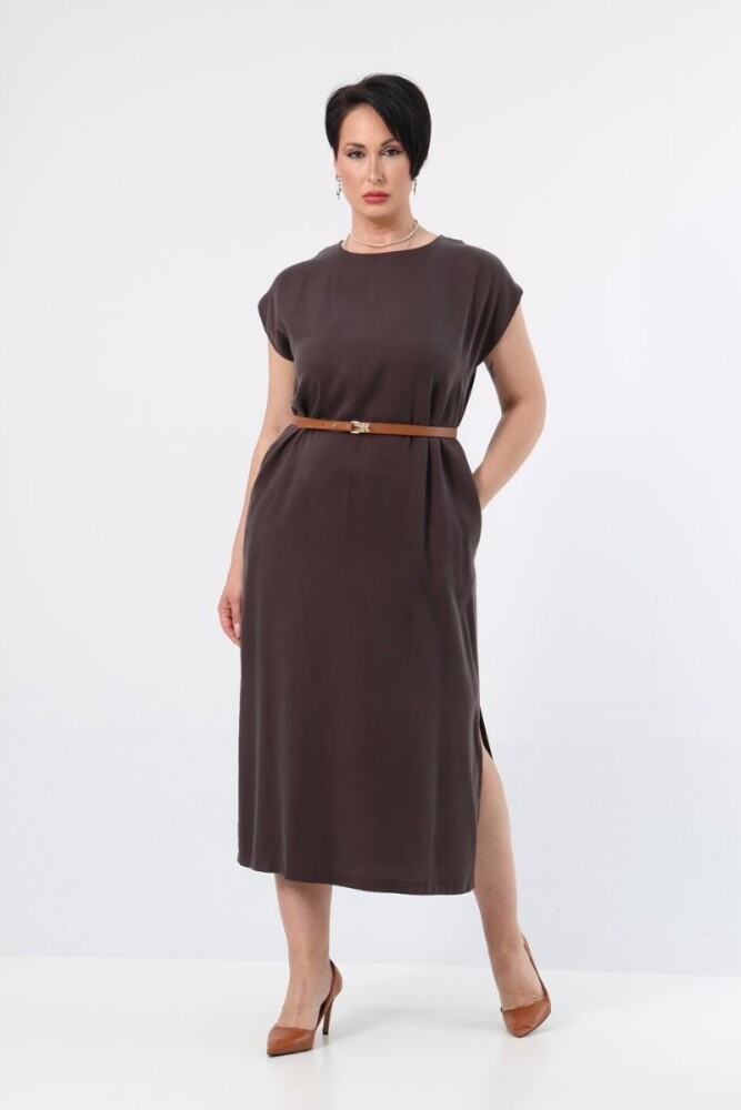 KEMER DETAYLI TENCEL ELBİSE EL-4199-B KAHVERENGİ