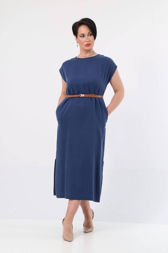 KEMER DETAYLI TENCEL ELBİSE EL-4199-B LACİVERT